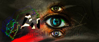 Hayali yapay zeka logosu tasarımı ve canlı renkli soyut arkaplana sahip insan gözü soyut çizimi