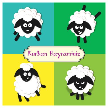 Kurban Bayram 'ın çocuksu tebrik kartları, şirin kesim kağıt koyun ve etiketleri, çocuklar için hediye.