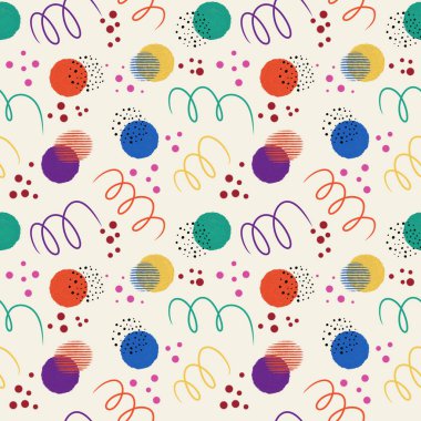Renkli, pürüzsüz desenler. Yaratıcı sanatsal altyapı, çocuk karalamaları. Konfeti dokusu. Paket kağıdı, parti peçetesi, doğum günü partisi organizasyonu için kusursuz desen..