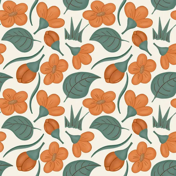 Textile motif with digital design on white background, handmade pattern, fabric design on front and back, orange flowers print. No borders, seamless pattern.