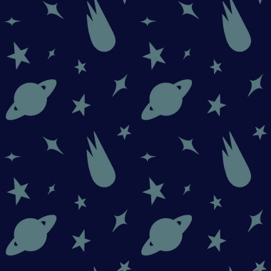 Uzay deseni kusursuz. Mavi arka planda gri elementler. Tekstil, çocuk odası, pijama, çarşaf çocuk alanı tasarımı.