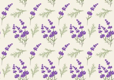 Çiçeksiz desenli leylak lavanta dalları ve açık arkaplanda yeşil dallar. Tekrarlayan. Tekstil, tasarım.