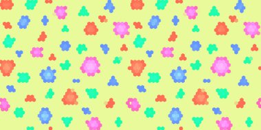 Sınırları olmayan kusursuz bir model. Sade sarı arka planda parlak pikseller. Kırmızı, mavi, yeşil, mavi, pembe. Paket kağıdı, tekstil.