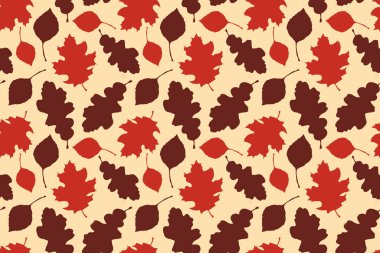 Sonbahar kırmızısı, kırmızı akçaağaç yaprakları, meşe. Tasarım, tekstil ve ambalaj için bej arkaplanda sınırları olmayan desen.