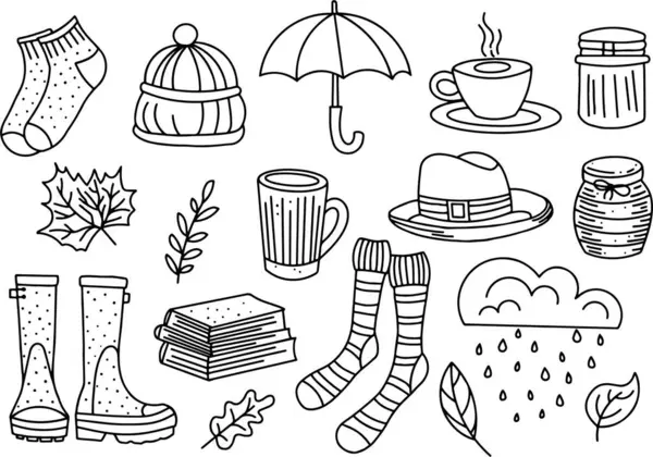 Şemsiye, Çorap, Lastik Botlar, Kupa, Bal, Yağmur, Şapka, Yapraklar, Kitap dahil olmak üzere Doodle Stili ile Sonbahar Vector Set