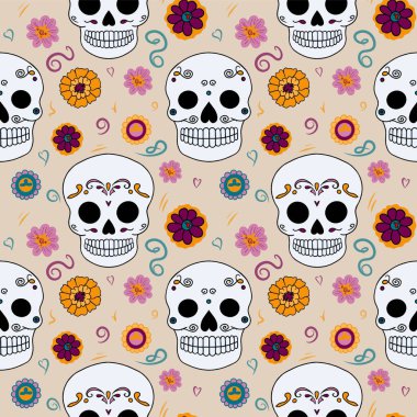 Geleneksel kafatasları (calaveras) gri bir arka planda sombreros ve çiçekler giyerek Da de los Muertos 'tan esinlenilen kusursuz raster deseni. Festival dekorasyonu, grafik tasarımı, tekstil, ambalaj ve diğer yaratıcı projeler için mükemmel..