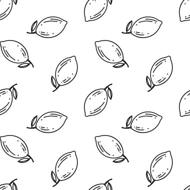 Beyaz arkaplanda yaprakları olan limonların dış hatları olan tek renkli, pürüzsüz desen.