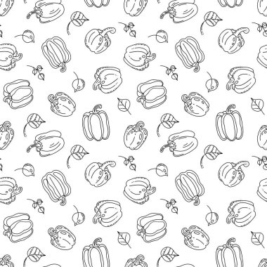 Bu pürüzsüz desen, el çizimi tatlı biberleri karmaşık siyah çizgilerle çiziyor. Kumaş tasarımları, ambalajlama veya mutfak temalı projeler için mükemmel.