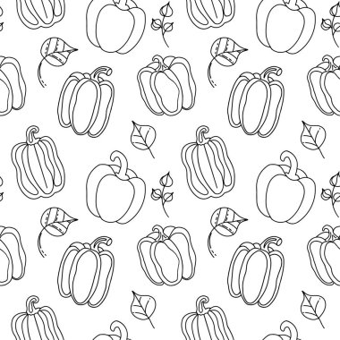 Bu pürüzsüz desen siyah çizgilerle çizilmiş tatlı biberleri gösteriyor. Tekstil, duvar kâğıtları ve yiyeceklerle ilgili tasarımlarda kullanılmak için idealdir..