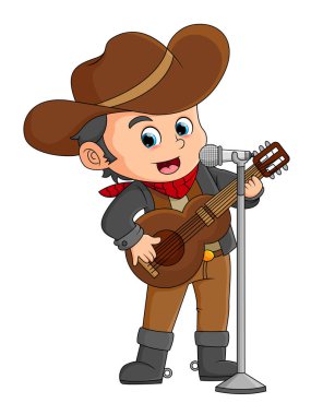Köylü çocuk gitar ve resimli mikrofon kullanarak country şarkısı söylüyor.