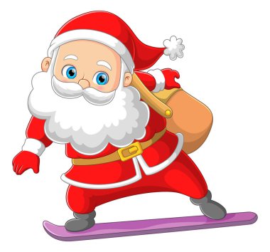 Mutlu Noel Baba hediye paketini tutuyor ve buz pateni tahtasında kayıyor.