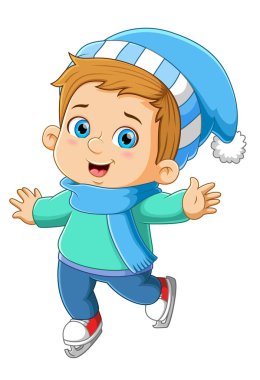 Mutlu çocuk resmin buzlu karında oynuyor ve buz pateni yapıyor.