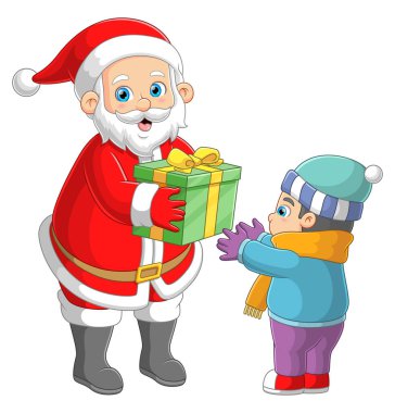 Noel Baba, resimli şirin bir çocuğa hediye veriyor.