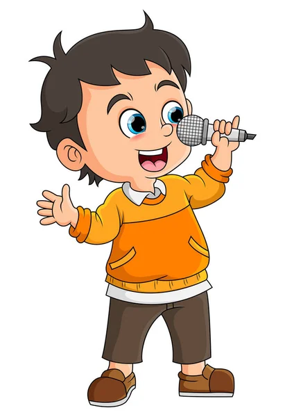 stock vector The cute boy is singing gently and feeling so shy in front of others of illustration
