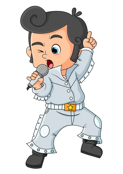 Chłopak Śpiewa Bardzo Dobrze Kostiumie Elvisa Który Nosi Ilustrację — Wektor stockowy