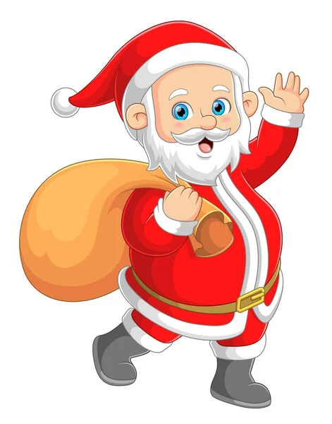 Santa Claus Está Saludando Con Mano Agitada Mientras Lleva Gran — Archivo Imágenes Vectoriales