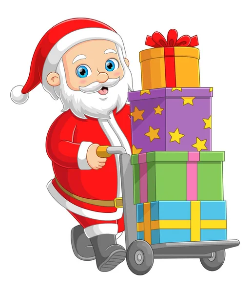 Santa Claus Μεταφέρει Δώρα Ένα Τρόλεϊ Και Την Κίνηση Της — Διανυσματικό Αρχείο