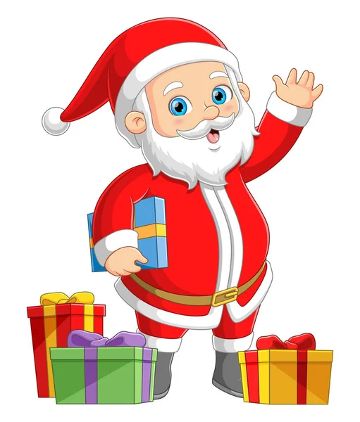 Santa Claus Mává Rukou Pozdravuje Někoho Zatímco Sbírá Dárky Ilustrací — Stockový vektor