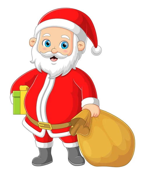 圣诞老人提着一个礼物和一个大袋子 摆出一副很可爱的样子 — 图库矢量图片