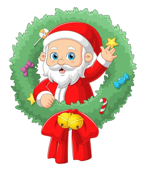 Santa Claus Está Saliendo Corona Navidad Con Adorno Brillante Ilustración — Archivo Imágenes Vectoriales