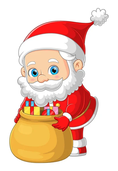 Cute Santa Claus Preparing Christmas Gift Big Sack Children Illustration — Stock Vector