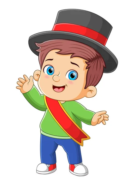 Χαριτωμένο Αγόρι Κάνει Μαγεία Και Δείχνει Την Έλξη Μεγάλο Καπέλο — Διανυσματικό Αρχείο