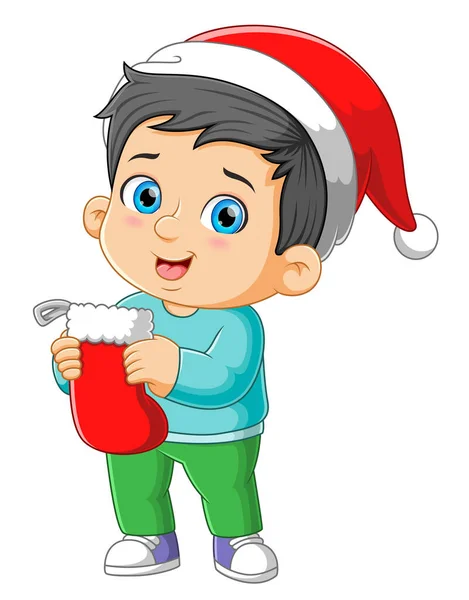 Šťastný Chlapec Drží Věší Velkou Ponožku Pro Vánoční Dárek Ilustrace — Stockový vektor