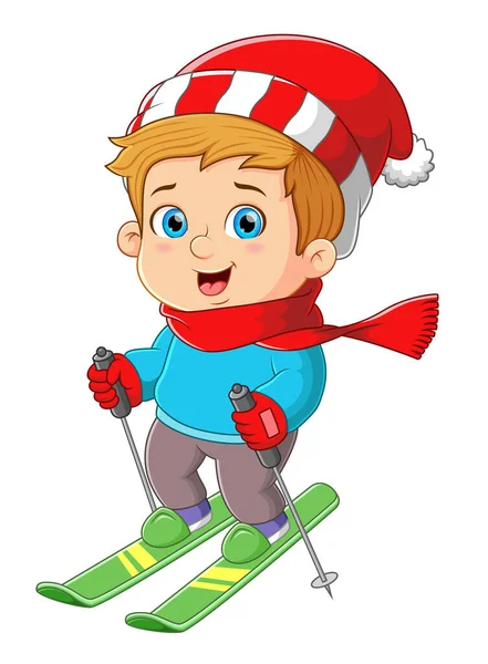 Jongen Speelt Glijdt Met Het Skiën Uit Sneeuw Van Illustratie — Stockvector