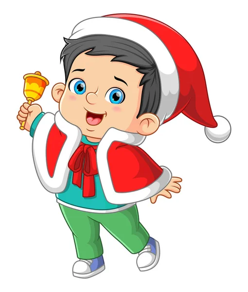 Šťastný Chlapec Sobě Santa Župan Zvoní Vánoční Zvon Ilustrace — Stockový vektor
