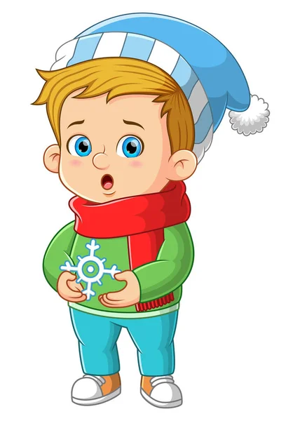 Cute Boy Holding Snowflakes Showing Excited Expression Illustration — Stock Vector