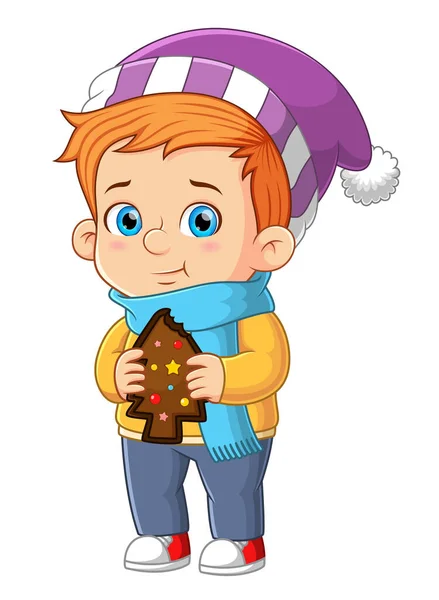 Милий Хлопчик Святкує Різдво Їжею Шоколадного Імбирного Чоловіка Ілюстрації — стоковий вектор