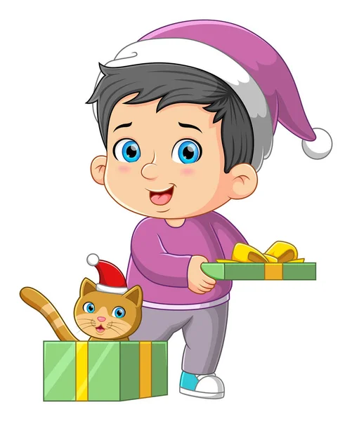 Симпатичный Мальчик Получает Милого Котенка Подарка Санта Клауса — стоковый вектор