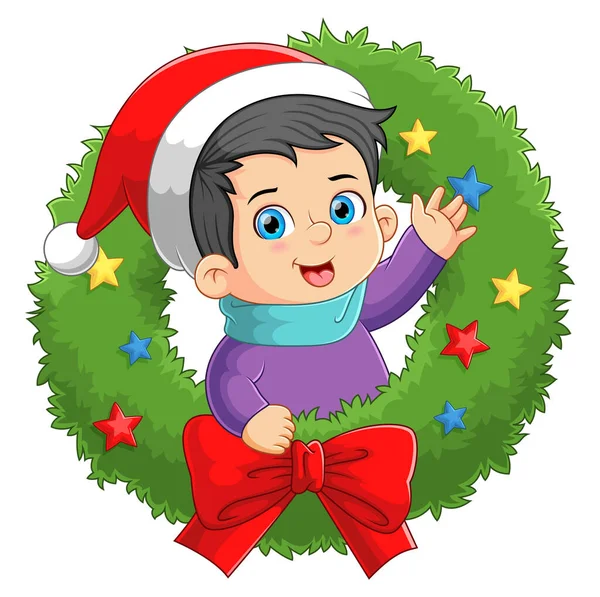 Niño Salido Corona Navidad Agitando Mano Ilustración — Vector de stock