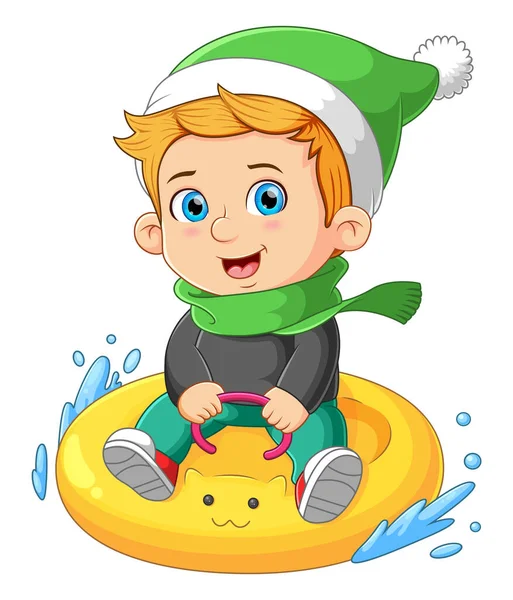 Щасливий Хлопчик Грає Плаваючою Шиною Їде Воді Ілюстрації — стоковий вектор