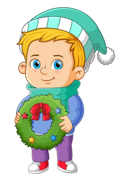 Милий Хлопчик Готується Нанесення Різдвяного Вінка Двері Ілюстрації — стоковий вектор
