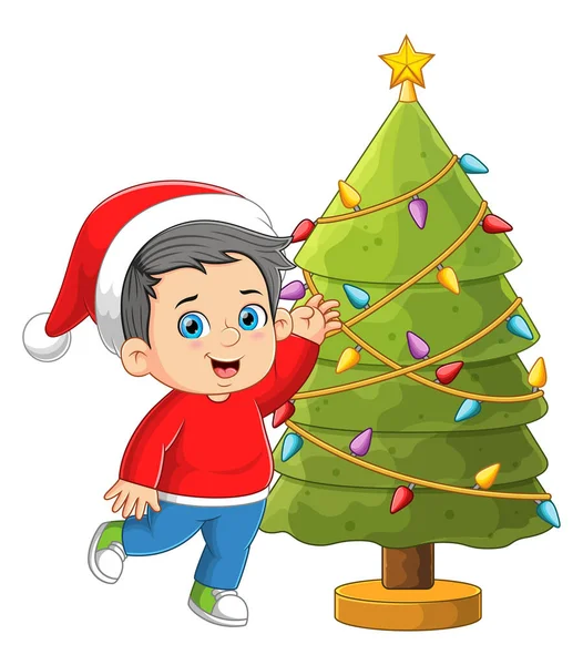 Der Glückliche Junge Schmückt Und Rennt Den Weihnachtsbaum Der Illustration — Stockvektor