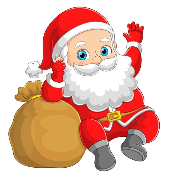 Χαριτωμένος Άγιος Βασίλης Μεγάλο Σάκο Γεμάτο Δώρα Κουνάει Χέρι Της — Διανυσματικό Αρχείο