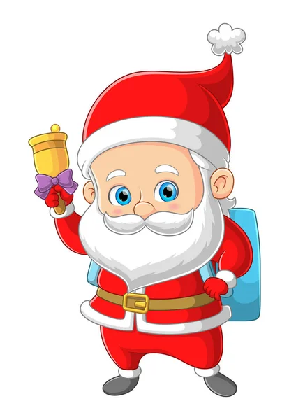 Bonito Papai Noel Está Trazendo Presente Saco Tocar Sino Natal — Vetor de Stock