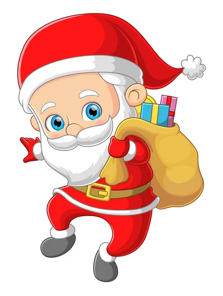 Ευτυχισμένος Άγιος Βασίλης Κρατάει Μεγάλο Δώρο Σάκο Και Είναι Έτοιμος — Διανυσματικό Αρχείο