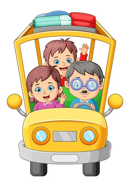 Ευτυχισμένη Οικογένεια Οδηγεί Αυτοκίνητο Και Έτοιμο Για Ταξίδι Μαζί Της — Διανυσματικό Αρχείο