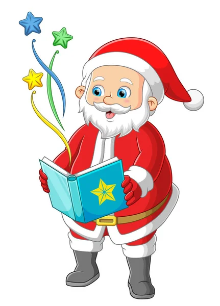 Weihnachtsmann Liest Ein Magisches Buch Mit Illustrationen — Stockvektor