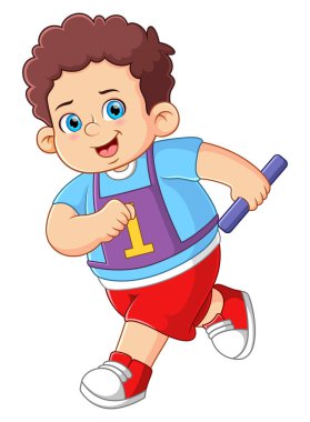 Bir erkek koşucu bayrak yarışında bayrak uzatıyor.