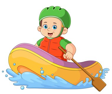 Rafting macerası yapan bir çocuk güvenlik kaskı takıyor ve elinde resimli bir kürek tutuyor.