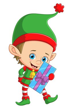 Sevimli elf çocuk büyük bir illüstrasyon hediyesi tutuyor