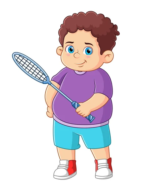 Szczęśliwy Gruby Chłopiec Grać Pociąg Badminton Ilustracji — Wektor stockowy