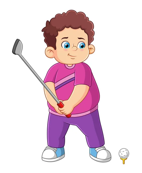 Tecknad Söt Fet Pojke Spelar Golf Illustration — Stock vektor