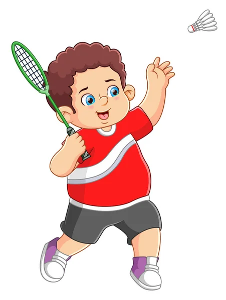 Gordo Menino Jogando Badminton Com Raquete Ação Ilustração — Vetor de Stock