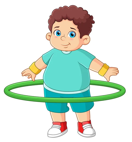 Fat Boy Playing Hula Hoop Rings Illustration — Stock Vector