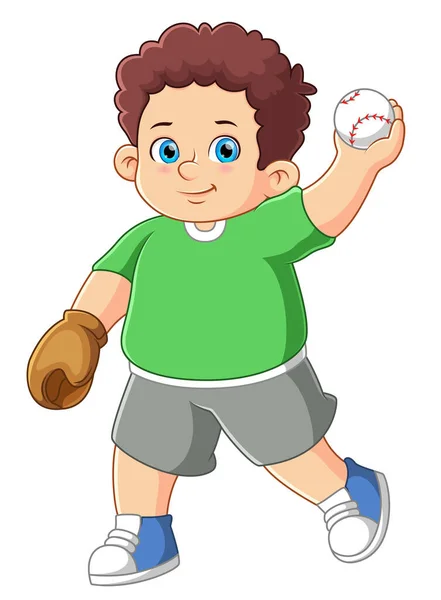 Söt Fet Pojke Spelar Baseball Illustration — Stock vektor