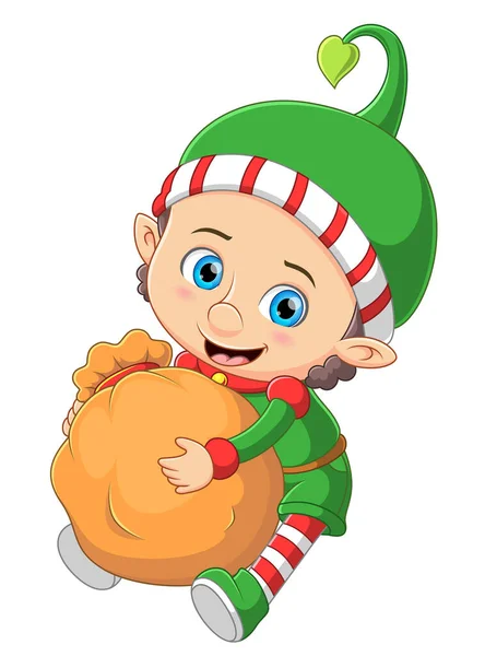 Elfo Navidad Dibujos Animados Abrazando Saco Regalos Ilustración — Vector de stock